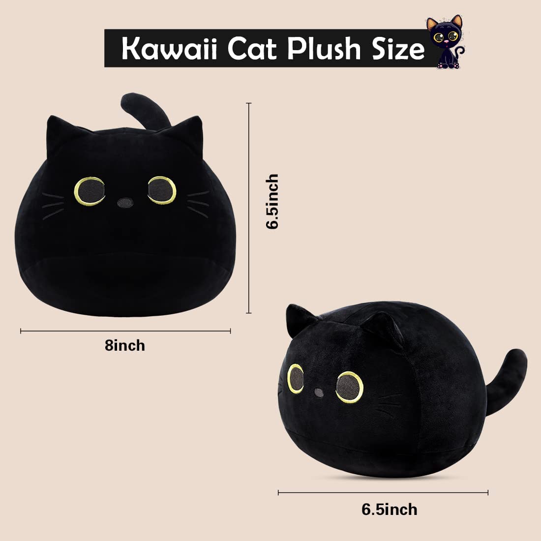 3D Cat Stuffed Animal Toy Pillow, 8Inch Fat Black Cat Plush, Soft Kawaii Cat Shape Design Lumbar Back Cushion Plush Stuffed Toy Gifts for Boys Girls Kids