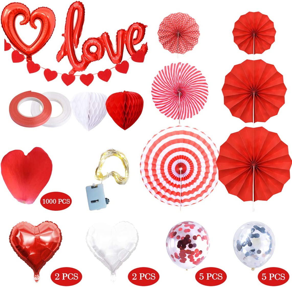 valentines day decor Balloons Kit Red Love Foil Balloons Latex Balloons Red Honeycomb Ballsballoons w/ 1000pcs Artificial Rose petals,1 Pieces LED String Lights Valentines-Day Party Supplies