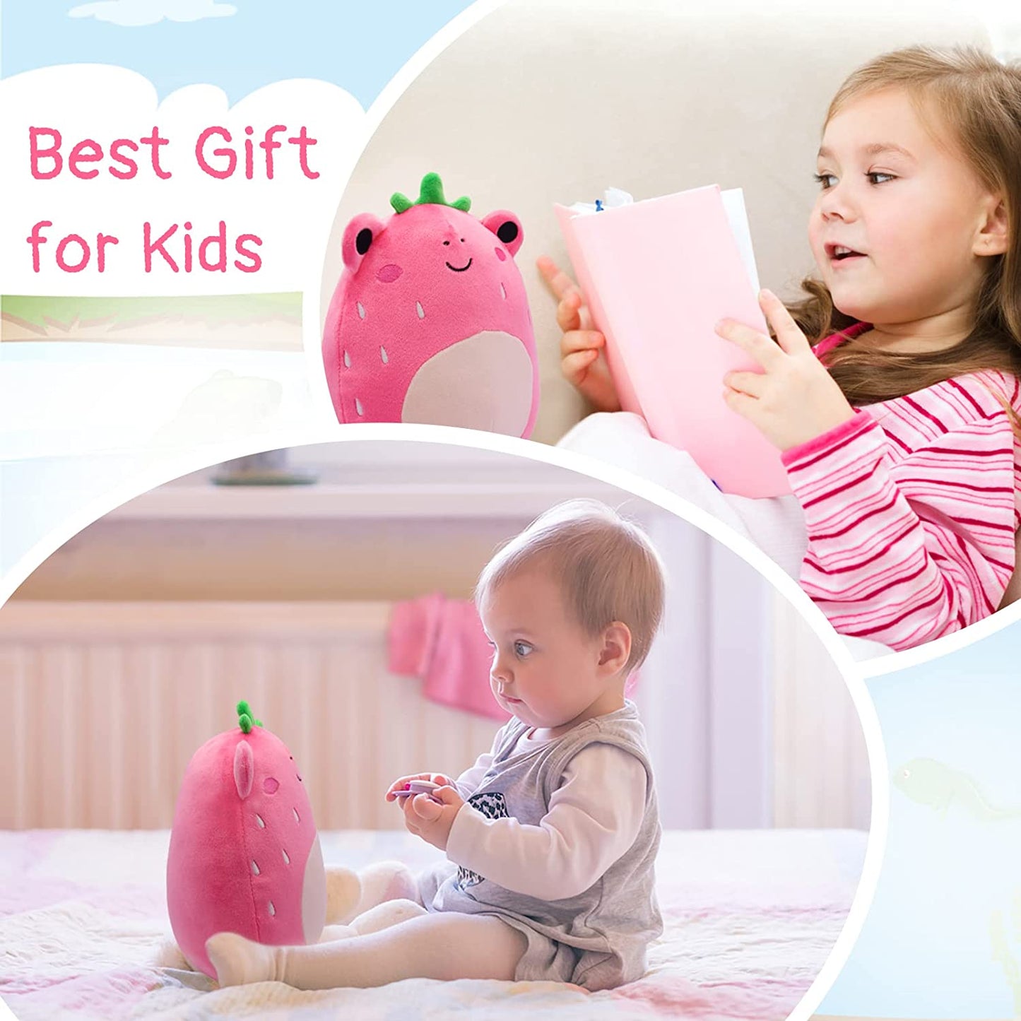 7 Inch Frog Stuffed Animals Pillow, 3D Cute Strawberry Frog Plushie Toy, Kawaii Frog Plush, Frog Pillow Plush for All Ages, Gift for Christmas Birthday Children's Day Home Decoration (Pink)