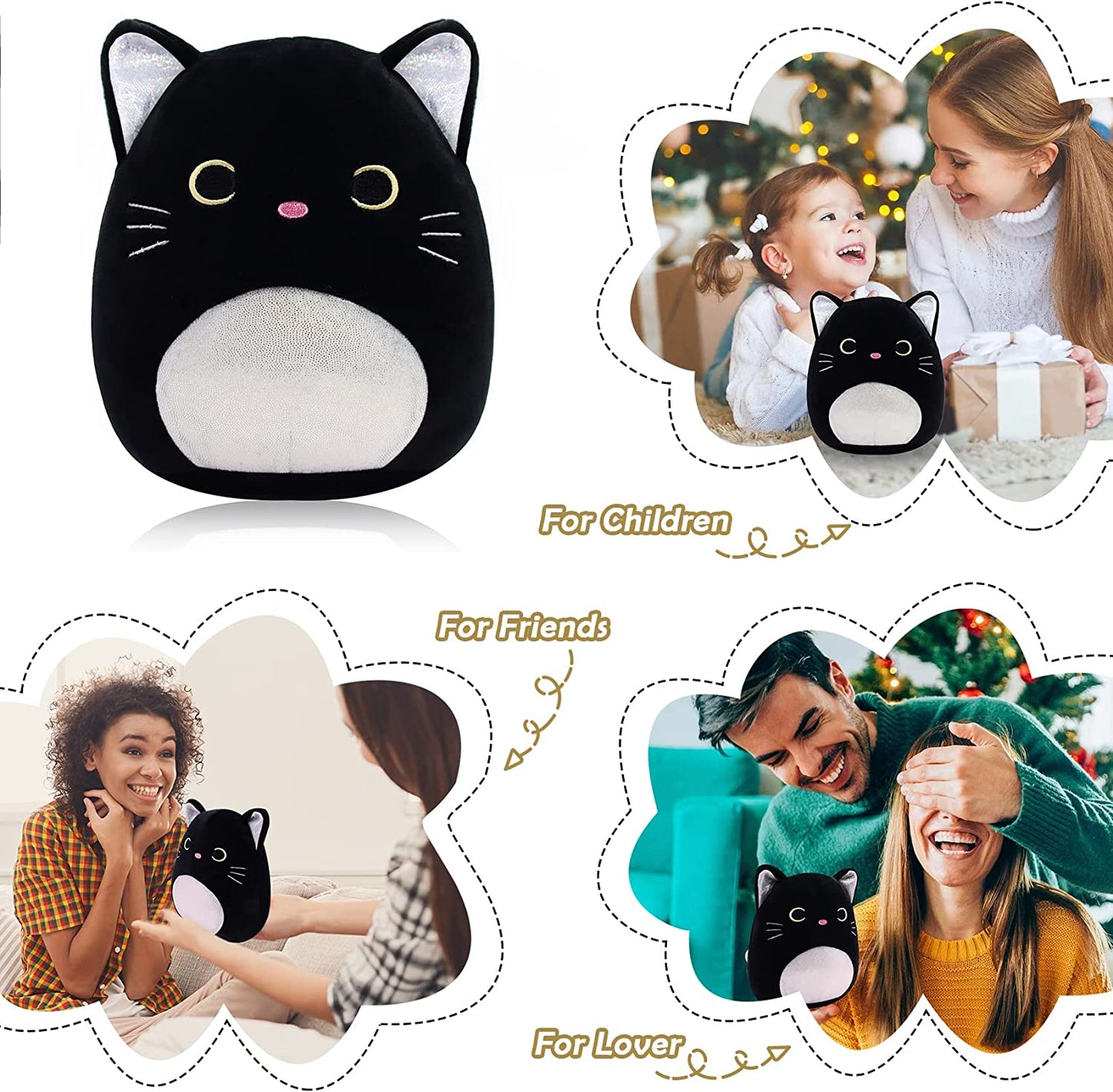 Black Cat Plush Kawaii Plushie, 8'' Cat Stuffed Animals Pillow Cute Silver Ears Black Cat Pillow Plush Toy, Soft Plush Stuffed Cat Doll for Kids Girlfriend Birthday Christmas