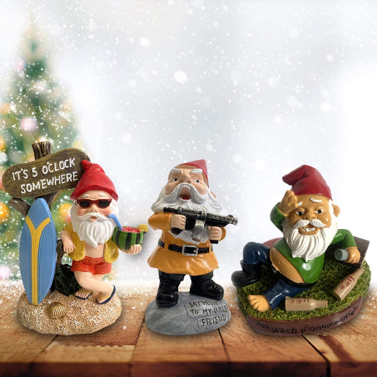 Garden Gnome Statue 5.9 inch,Gnome Cartoon Doll Christmas Decorations Ornament Polyresin Garden Gnome Statue Indoor/Outdoor Funny Lawn Decoration Ornaments (Take a Gun)