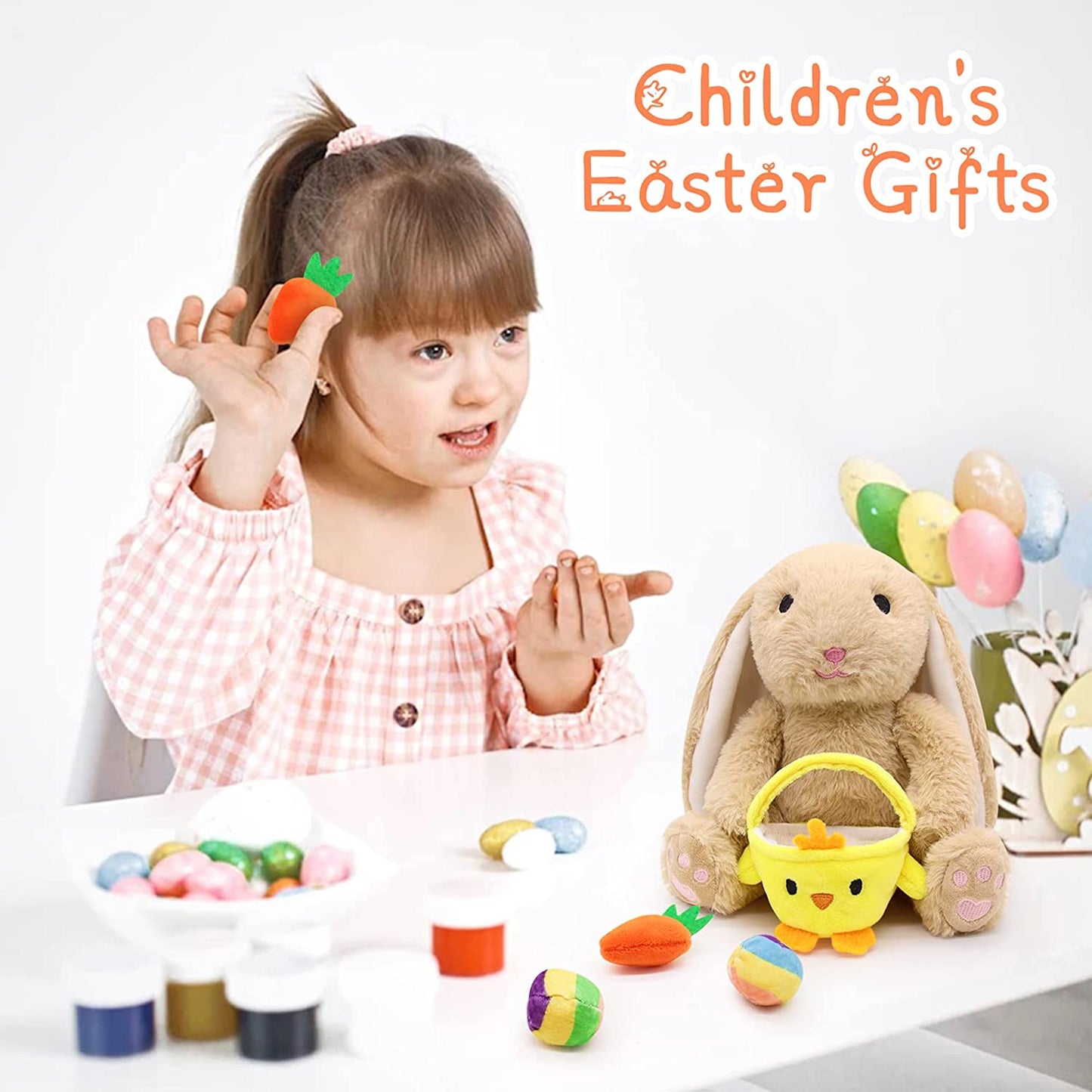Cute Bunny Plush Bunny Stuffed Animals Toys, Soft Rabbit Stuffed Animals Rabbit Plush Hold Chicken Basket Filled with Easter Eggs Carrots, Kawaii Home Decoration Easter Gifts for Kids Girls Boys