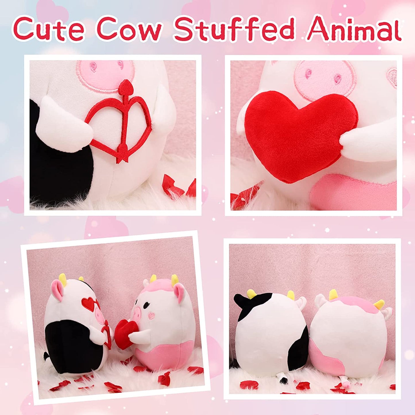 Cow Plush Toy, Valentine's Day Plush, 2 Pieces Cow Plush Toy, Valentines Classroom Price Gifts Exchange for Boys Girls Valentine's Day Decoration Gift for Boys Girls Adults
