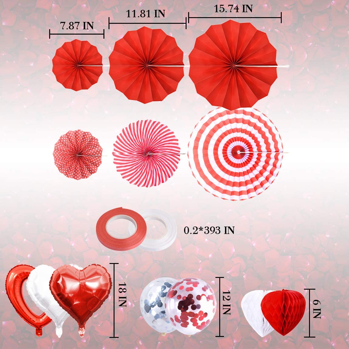 valentines day decor Balloons Kit Red Love Foil Balloons Latex Balloons Red Honeycomb Ballsballoons w/ 1000pcs Artificial Rose petals,1 Pieces LED String Lights Valentines-Day Party Supplies