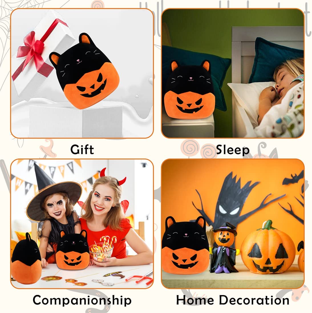 Halloween Plush Cat Plushie Pillow - 8inch Stuffed Animals Black Cat Plushie - Soft Stuffed Cat Doll Pillow - Pumpkin Cat Halloween Plushie - Gift for Kids Birthday Halloween (9 inch)