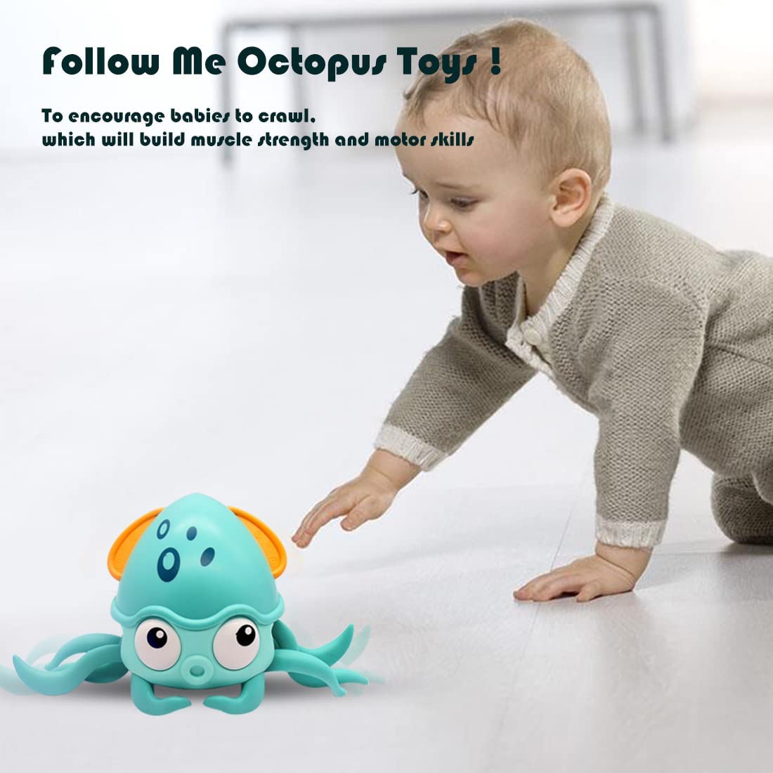 Baby Crawling Toy Musical Octopus - Electronic Movable Pet for Kids Toddler Interactive with Music, LED Light Up Automatically Avoid Obstacle Walking Toys, Blue