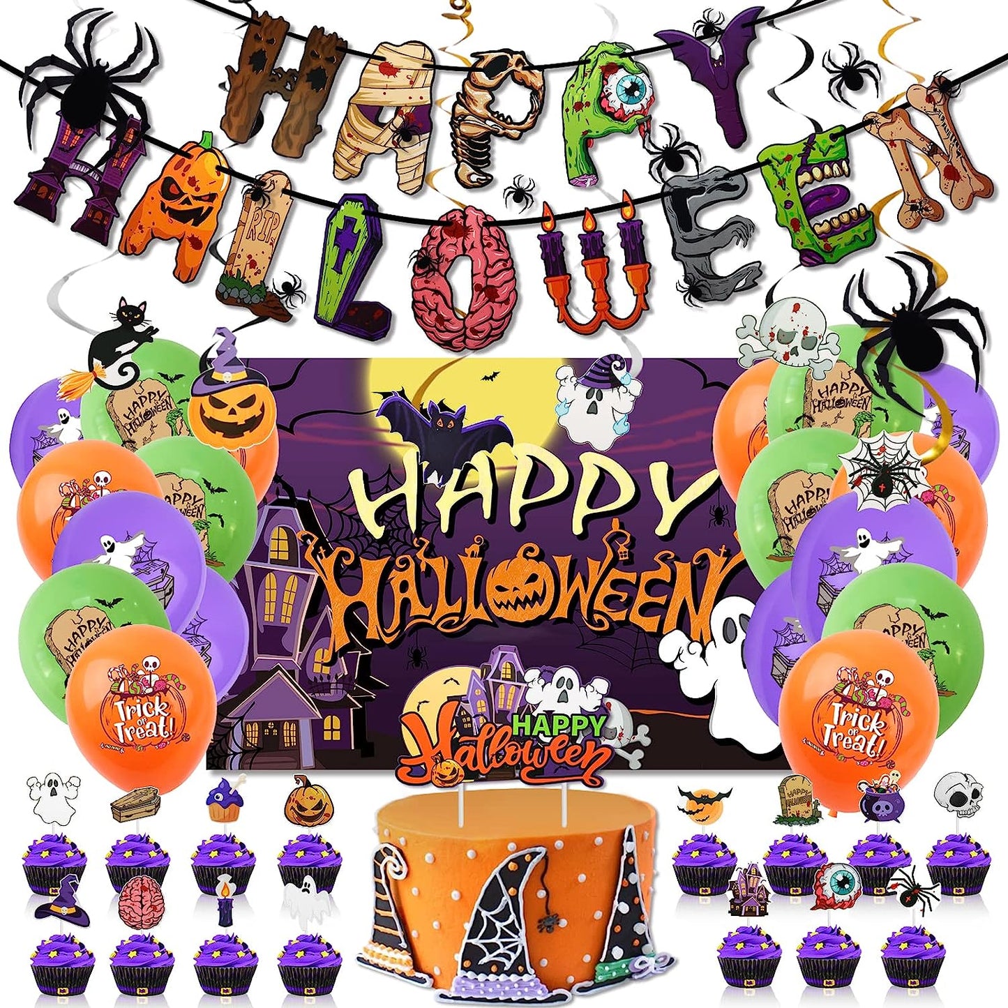 Halloween Party Decorations, Halloween Themed Party Supplies with Happy Halloween Banner Balloons Spider Cake Toppers Swirl Streamers Party Backdrop for Halloween Birthday Indoor Set Halloween Decor