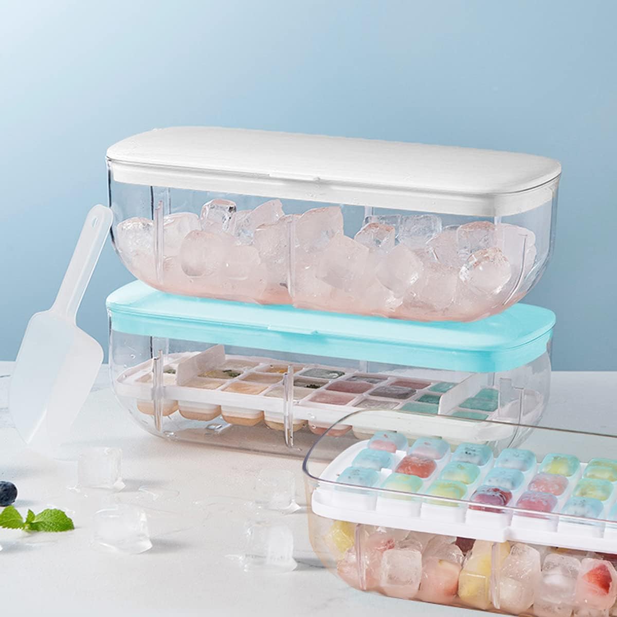 Desdfcer Ice Cube Tray, 2*24 Trays for freezer with lid and scoop, Tray container is flexible easy to release,Suitable fruit juice, whiskey, cocktail, BPA Free,White, White-48 Grids