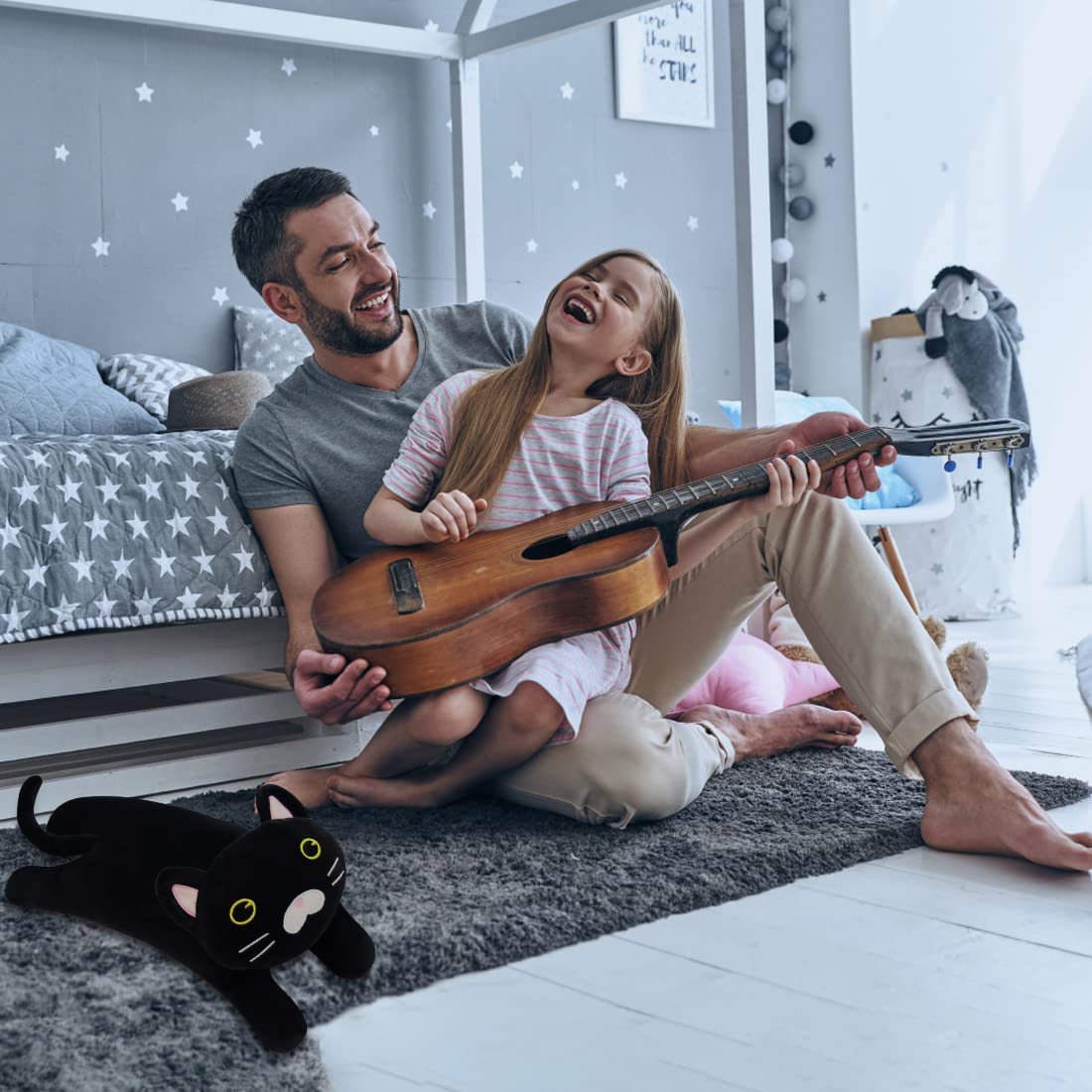 14Inch Black Cat Plush, Cat Plushie Stuffed Animals Pillow, Cute Cat Stuffed Animal Long Cat Pillow, Soft Cat Plushie Sleeping Pillow Doll Toy Gift for Kids Girl Boy