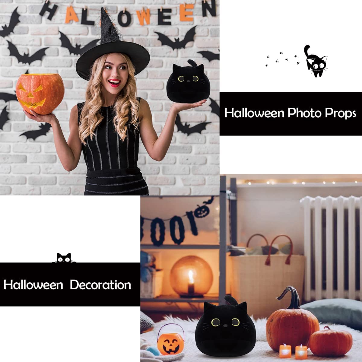 3D Cat Stuffed Animal Toy Pillow, 8Inch Fat Black Cat Plush, Soft Kawaii Cat Shape Design Lumbar Back Cushion Plush Stuffed Toy Gifts for Boys Girls Kids