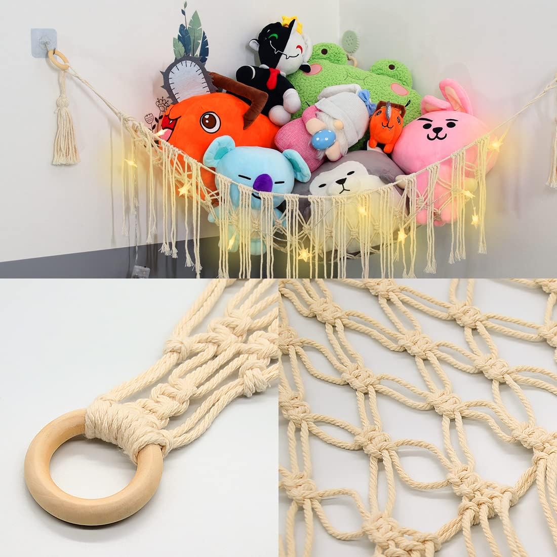 Stuffed Animal Hammock,Stuffed Animal Net For Storing Plush Toys,Corner toy hammock ,1 Piece Of Stuffed Animal Net + 2 Pieces Of Luminous Star Chandelier+6 Piece Hook Up