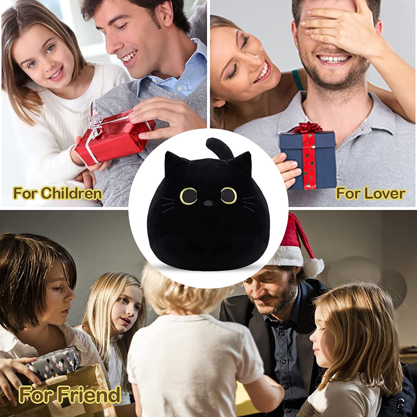 3D Cat Stuffed Animal Toy Pillow, 8Inch Fat Black Cat Plush, Soft Kawaii Cat Shape Design Lumbar Back Cushion Plush Stuffed Toy Gifts for Boys Girls Kids