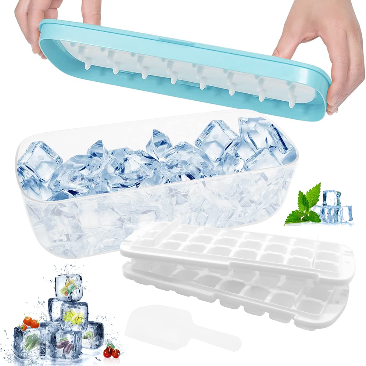 Desdfcer Ice Cube Tray, 2*24 With cover and ice shovel Ice Cube Tray, Flexible & Easy Release Ice Box Container,Suitable for fruit juice, whiskey, cocktail, BPA Free