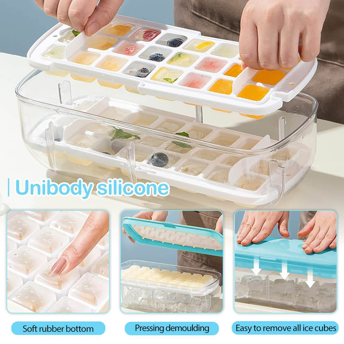 Desdfcer Ice Cube Tray, 2*24 With cover and ice shovel Ice Cube Tray, Flexible & Easy Release Ice Box Container,Suitable for fruit juice, whiskey, cocktail, BPA Free